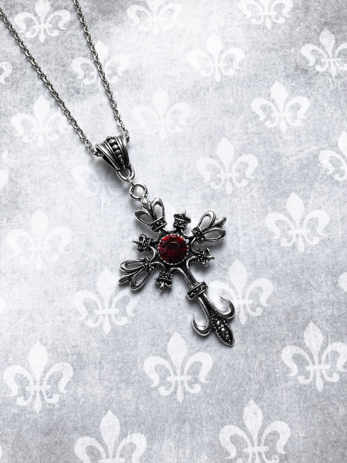 Wholesale Goth Theme Vintage Ruby Cross Alloy Necklaces